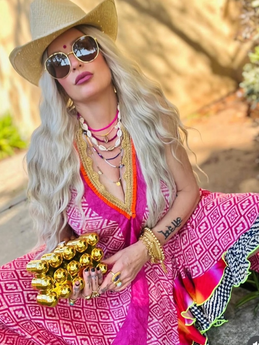 Gold large rounded studded  clutch has chain option